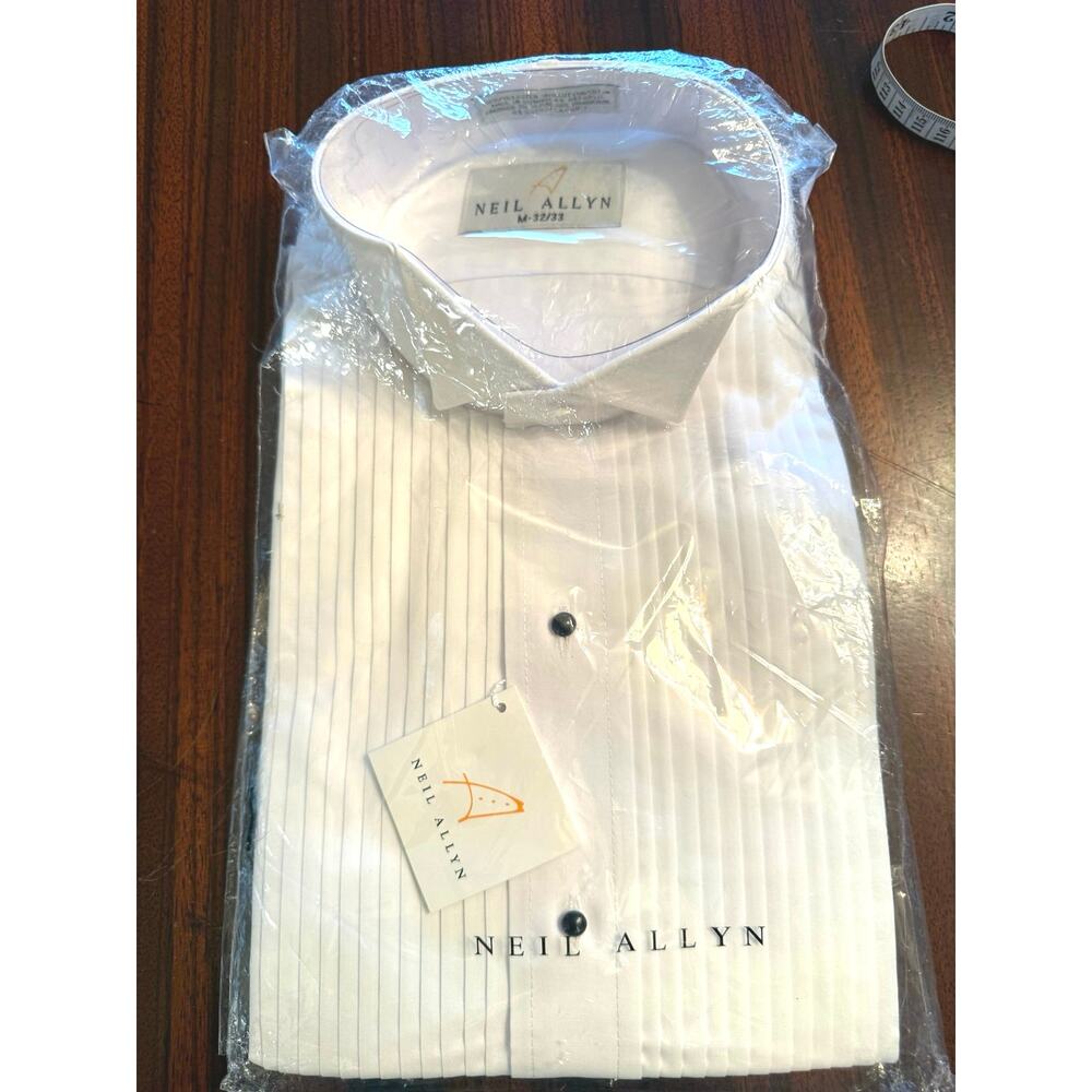Neil Allyn White Pintuck Formal Tuxedo Shirt Size M 32/33 Wingtip Collar Wedding